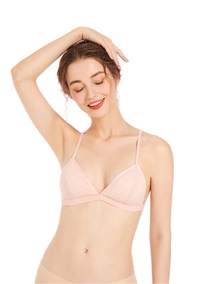 Liber Women's Contrast Color Hemming, Lace 1/2 Cup Wire-Free Push-Up Bra