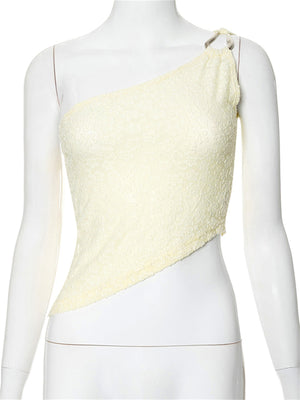 Liber Women's Summer Y2K Solid Slant Collar Lace Tube Top