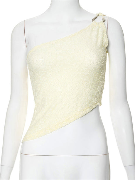 Liber Women's Summer Y2K Solid Slant Collar Lace Tube Top
