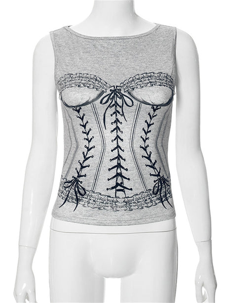 Liber Women's Summer Y2K Printed Round Neck Sleeveless Slim Fit Camisole