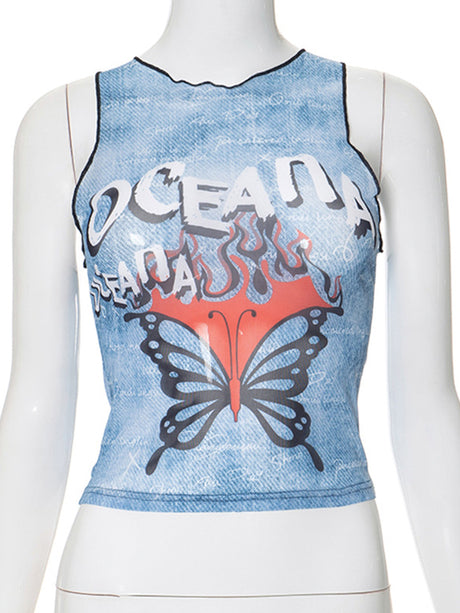 Liber Women's Summer Y2K Printed Round Neck Tank Top
