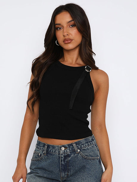 Liber Women's Summer Y2K Solid Color Round Neck Sleeveless Slim Fit Camisole
