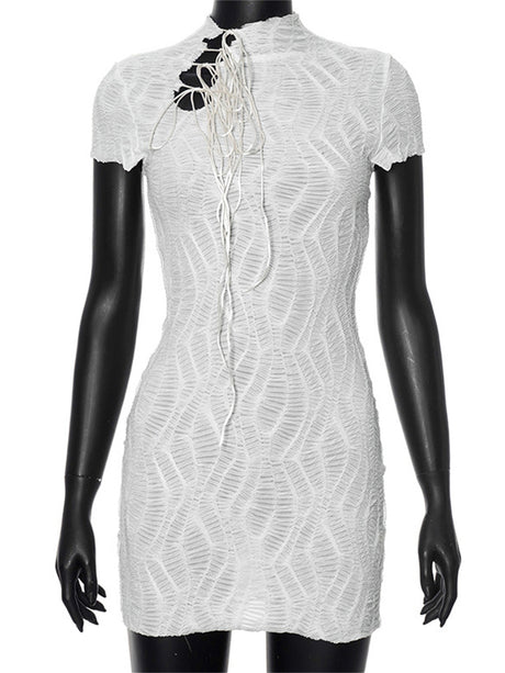 Liber Women's Summer Y2K Tassel High Neck Short Sleeve Mini&Short Dresses