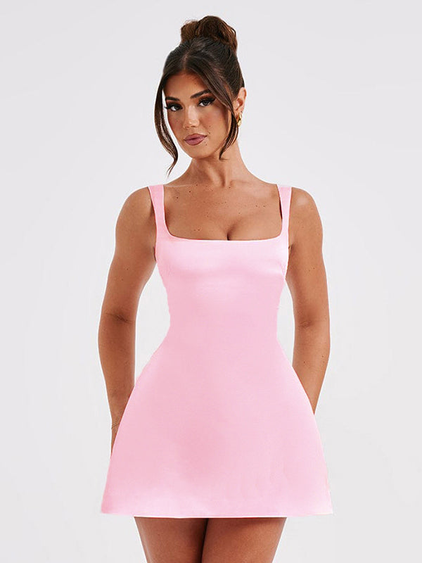Liber Women's Summer Y2K Solid Square Neck Strapped Short Dresses
