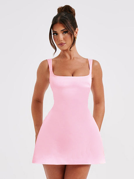 Liber Women's Summer Y2K Solid Square Neck Strapped Short Dresses
