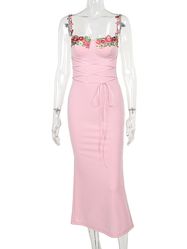 Liber SS Women's Urban Outdoor Stitching Square Neck Suspender Maxi Dress