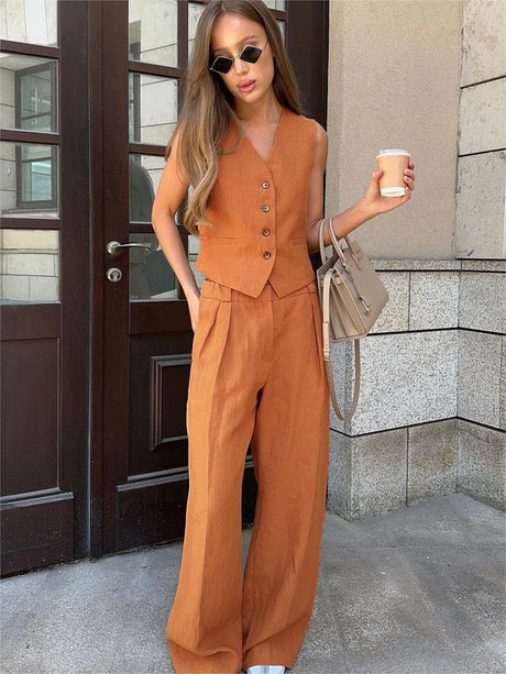 Liber Summer Women's Neutral Style Solid Color V-Neck Sleeveless 2-piece Sets