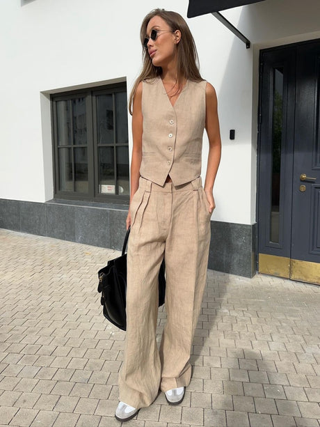 Liber Summer Women's Neutral Style Solid Color V-Neck Sleeveless 2-piece Sets