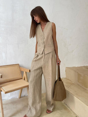 Liber Summer Women's Neutral Style Solid Color V-Neck Sleeveless 2-piece Sets