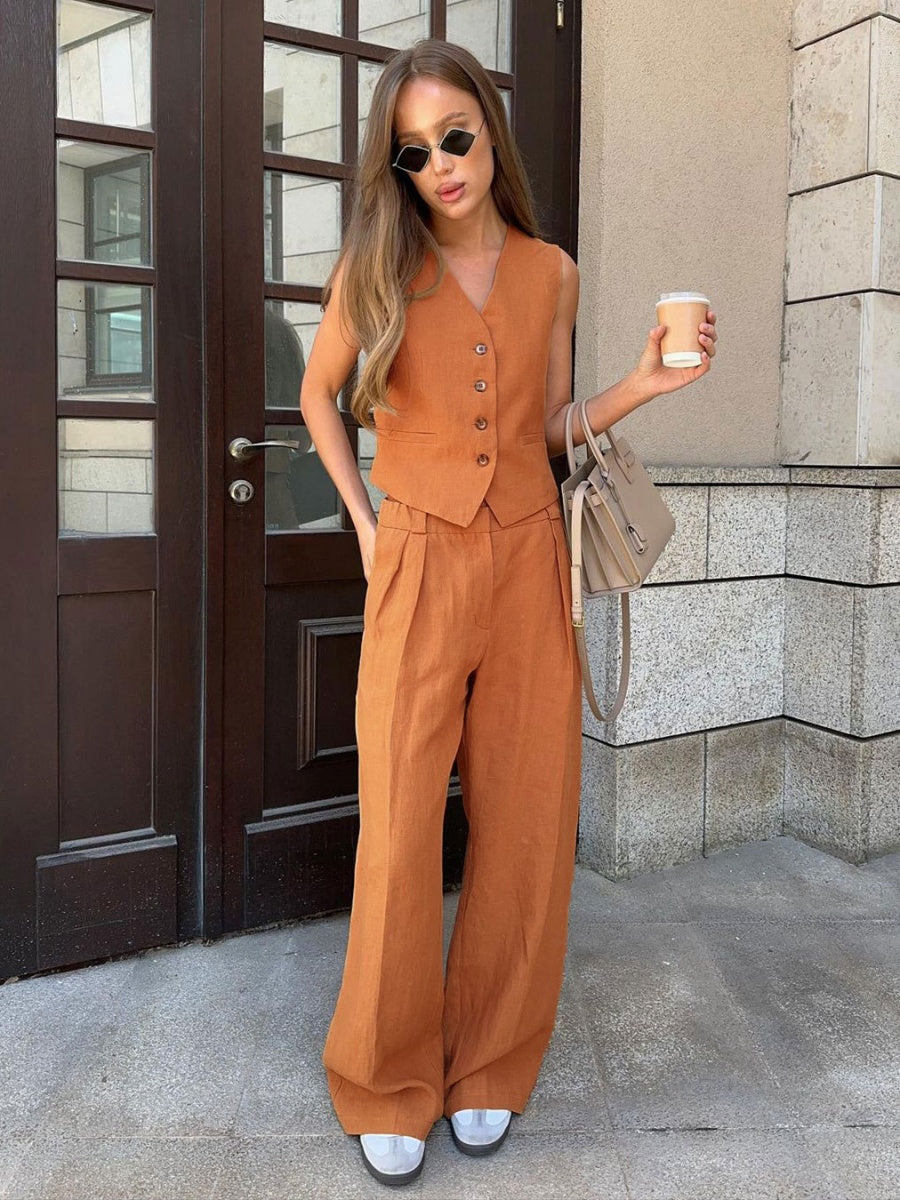 Liber Summer Women's Neutral Style Solid Color V-Neck Sleeveless 2-piece Sets