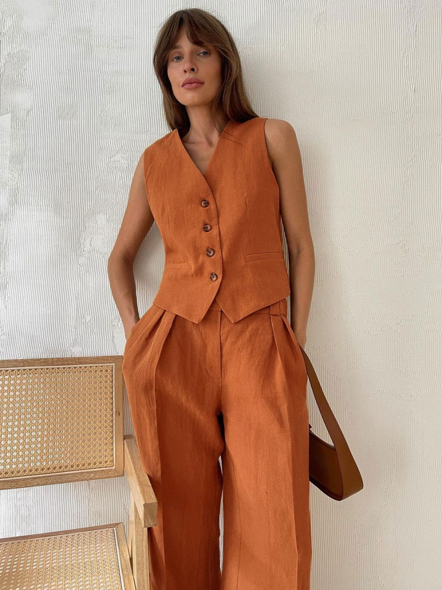 Liber Summer Women's Neutral Style Solid Color V-Neck Sleeveless 2-piece Sets
