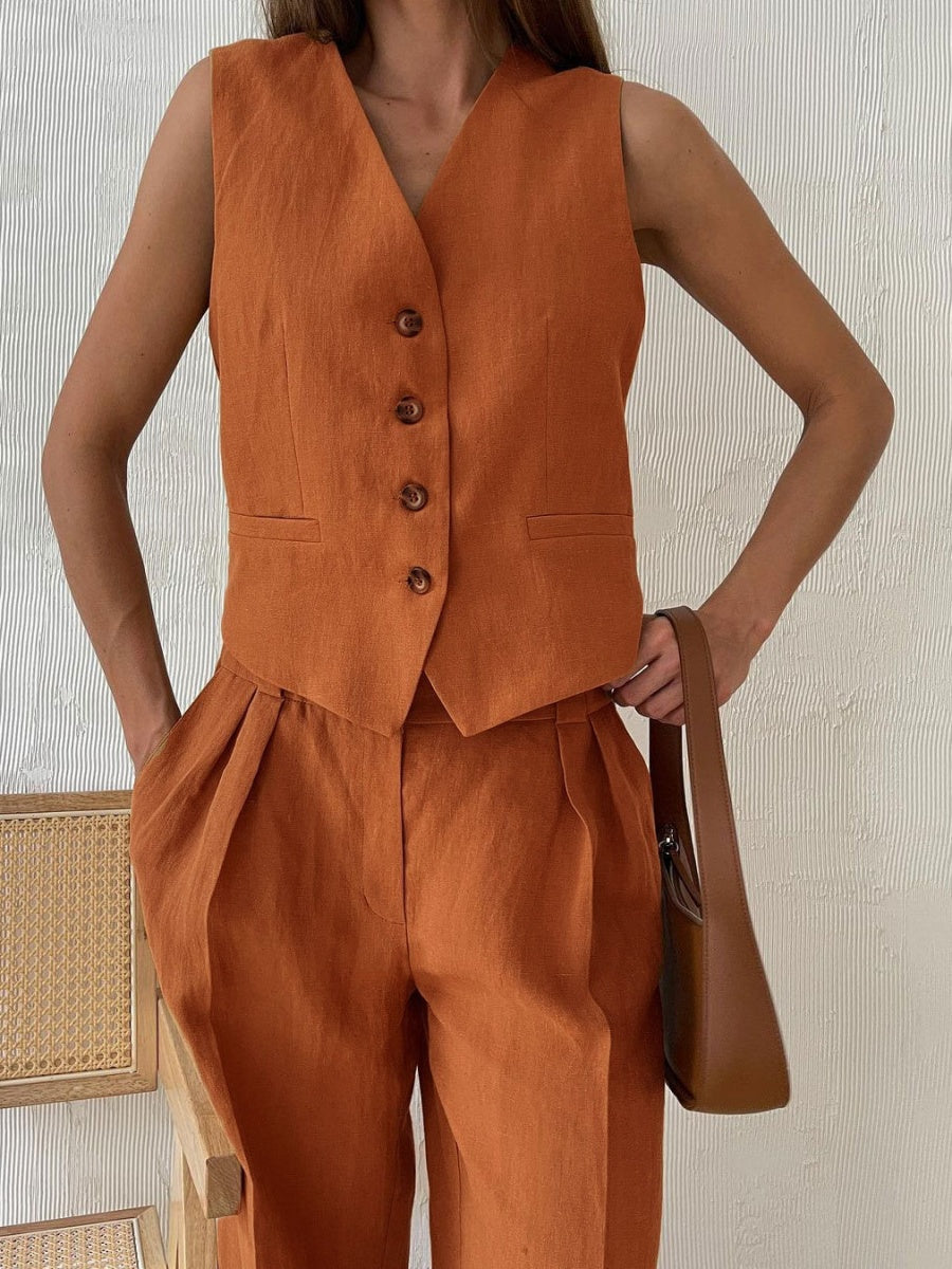 Liber Summer Women's Neutral Style Solid Color V-Neck Sleeveless 2-piece Sets