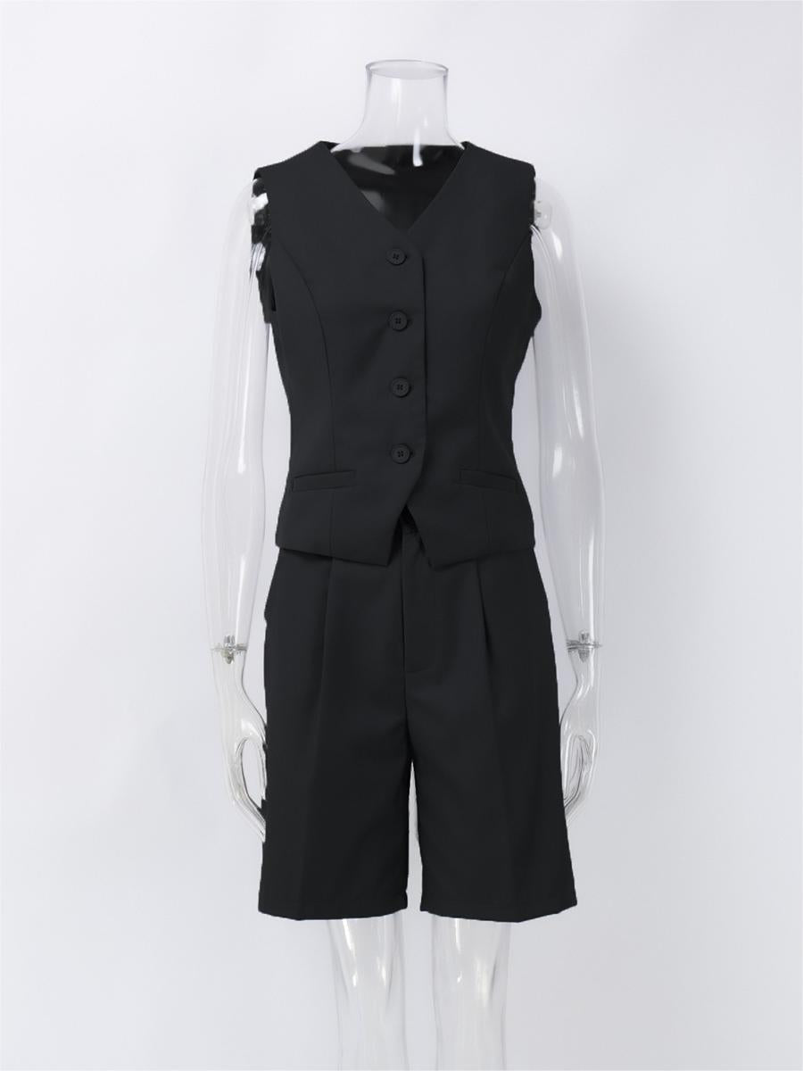 Liber Summer Women's Daily Casual Solid Color V-Neck Sleeveless 2-piece Sets
