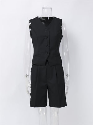 Liber Summer Women's Daily Casual Solid Color V-Neck Sleeveless 2-piece Sets