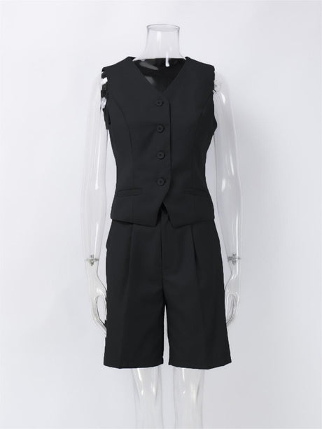 Liber Summer Women's Daily Casual Solid Color V-Neck Sleeveless 2-piece Sets