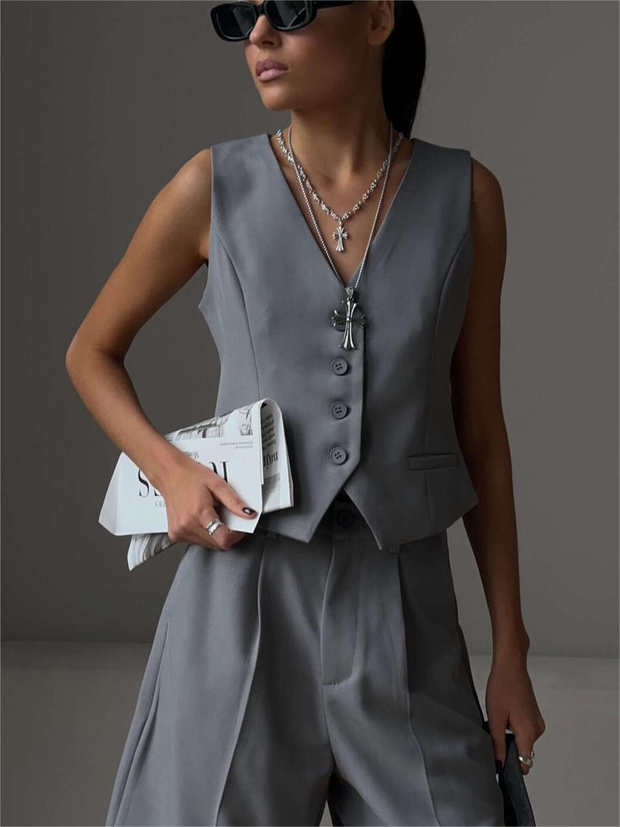 Liber Summer Women's Daily Casual Solid Color V-Neck Sleeveless 2-piece Sets