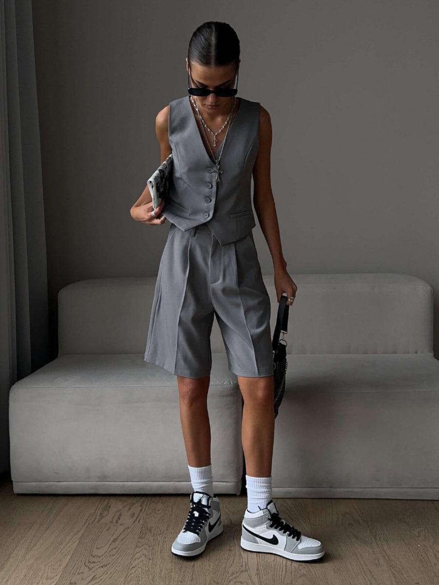 Liber Summer Women's Daily Casual Solid Color V-Neck Sleeveless 2-piece Sets
