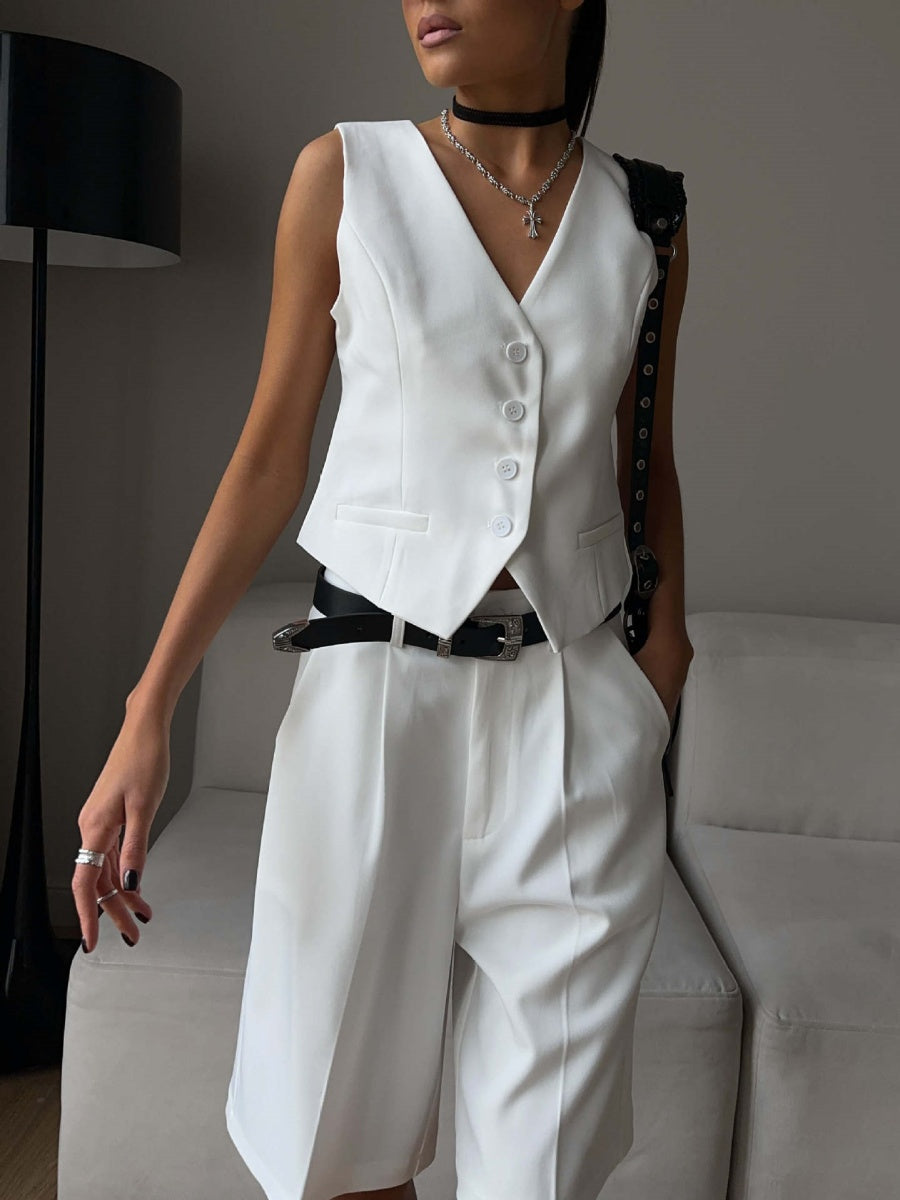 Liber Summer Women's Daily Casual Solid Color V-Neck Sleeveless 2-piece Sets