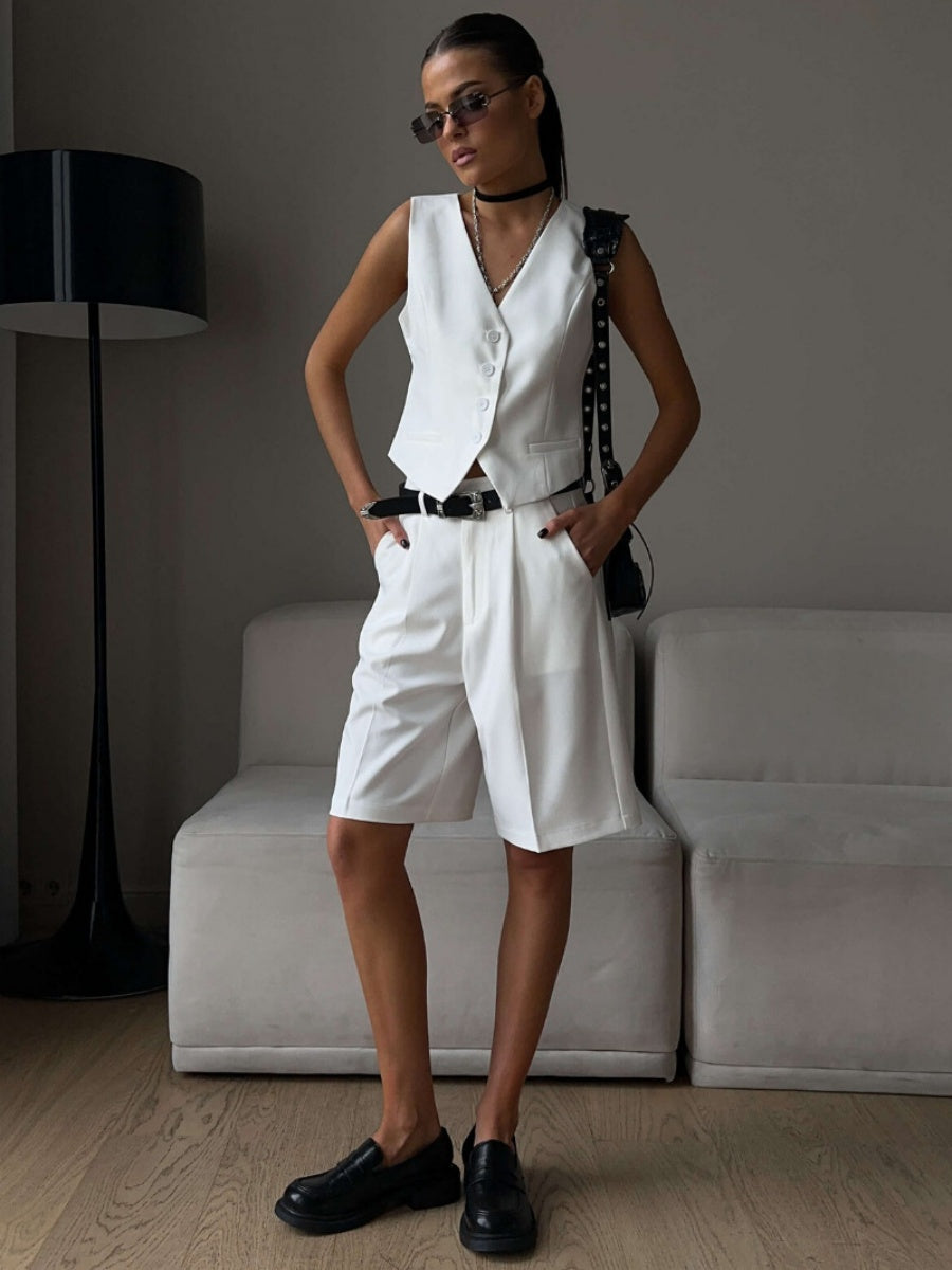 Liber Summer Women's Daily Casual Solid Color V-Neck Sleeveless 2-piece Sets