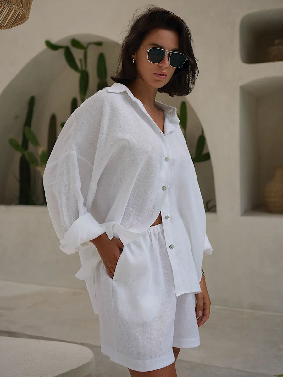 Liber summer women's daily casual solid color turn-up collar 2-piece Sets