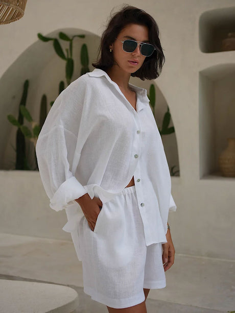 Liber summer women's daily casual solid color turn-up collar 2-piece Sets
