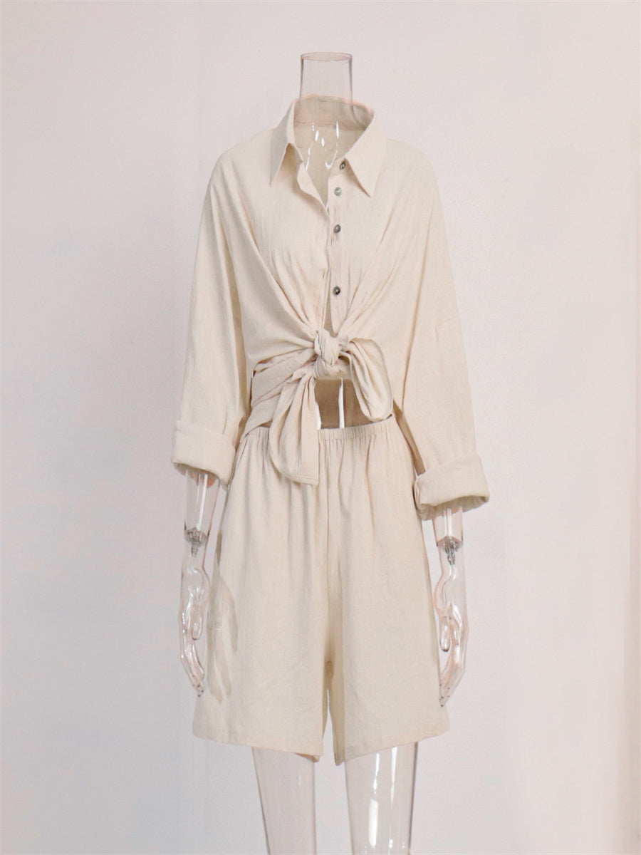 Liber summer women's daily casual solid color turn-up collar 2-piece Sets