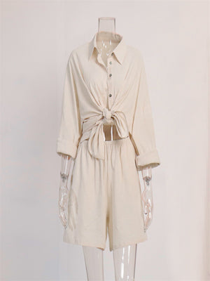 Liber summer women's daily casual solid color turn-up collar 2-piece Sets