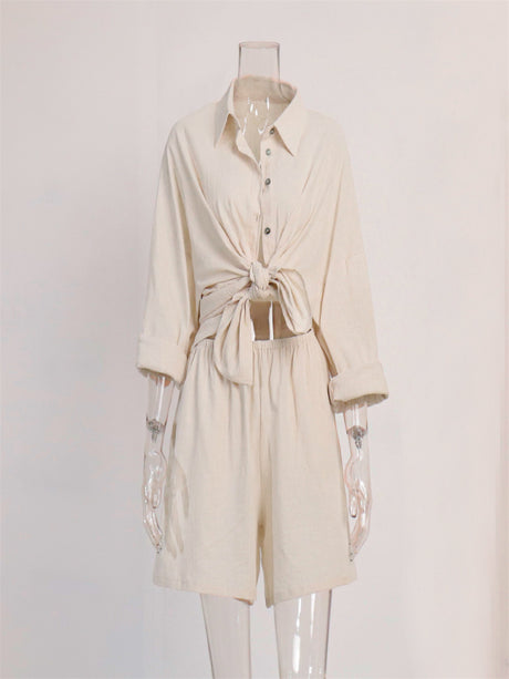 Liber summer women's daily casual solid color turn-up collar 2-piece Sets