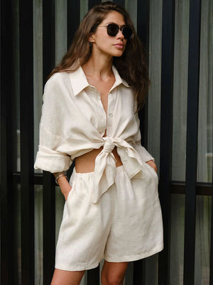 Liber summer women's daily casual solid color turn-up collar 2-piece Sets