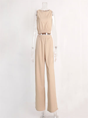 Liber summer women's daily casual solid color round neck loose 2-piece Sets