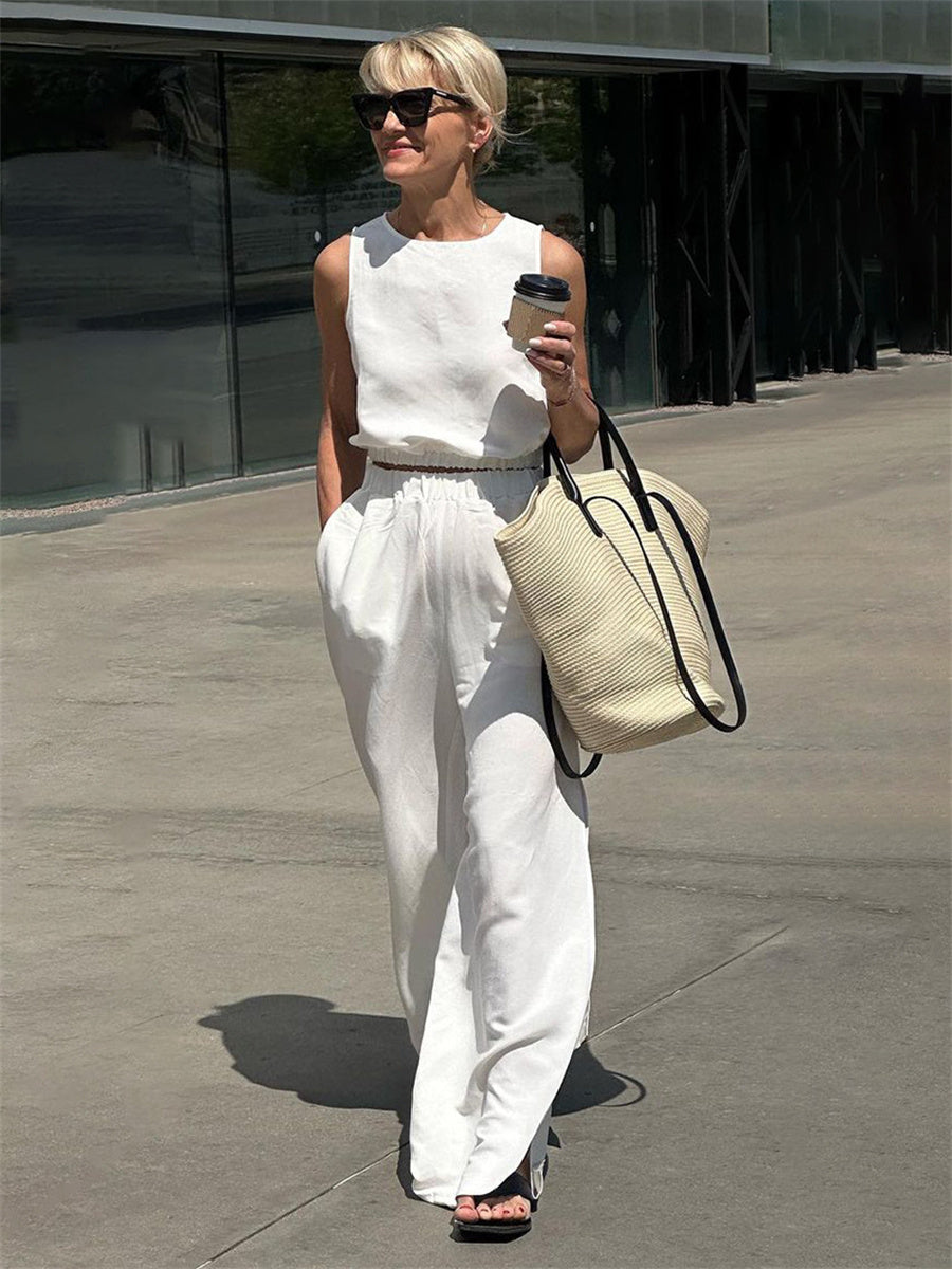 Liber summer women's daily casual solid color round neck loose 2-piece Sets