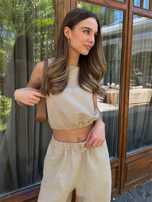 Liber summer women's daily casual solid color round neck loose 2-piece Sets