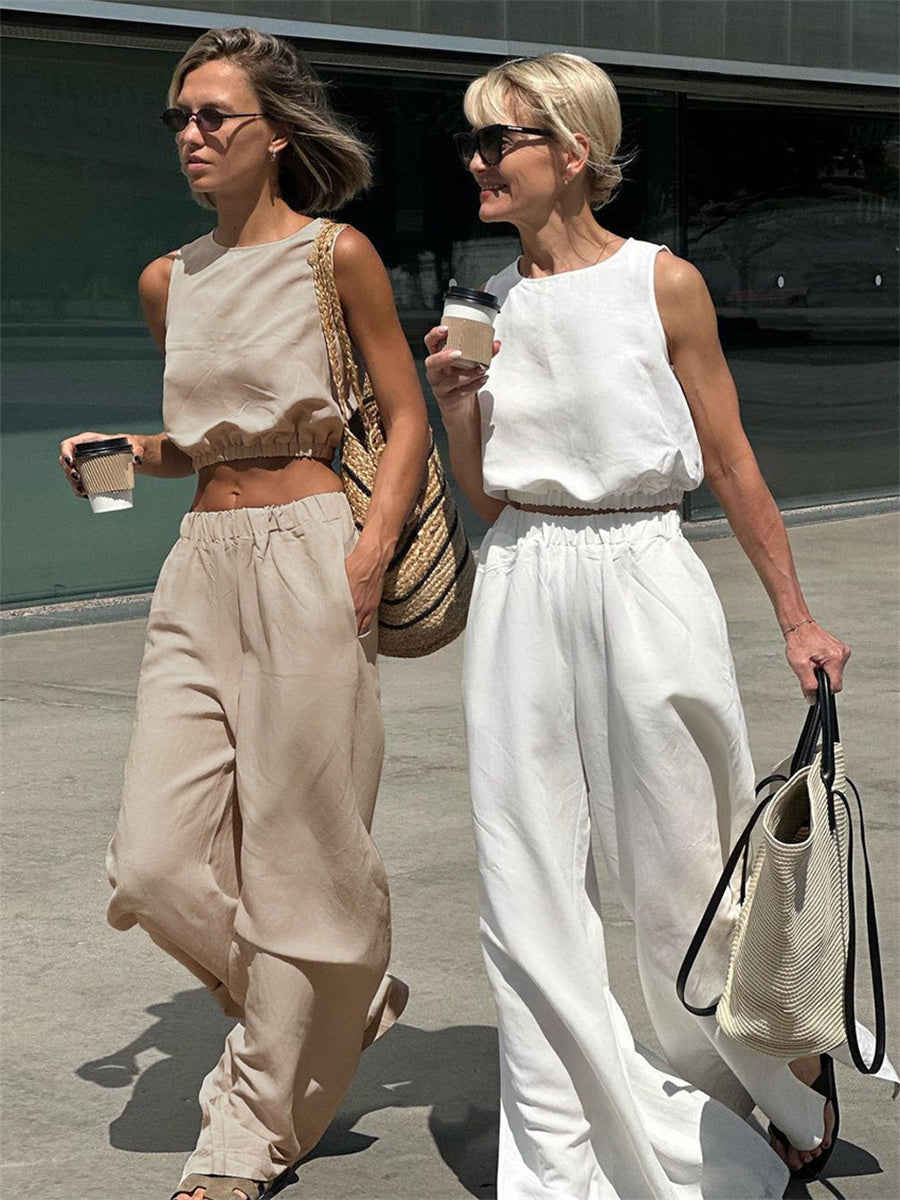 Liber summer women's daily casual solid color round neck loose 2-piece Sets