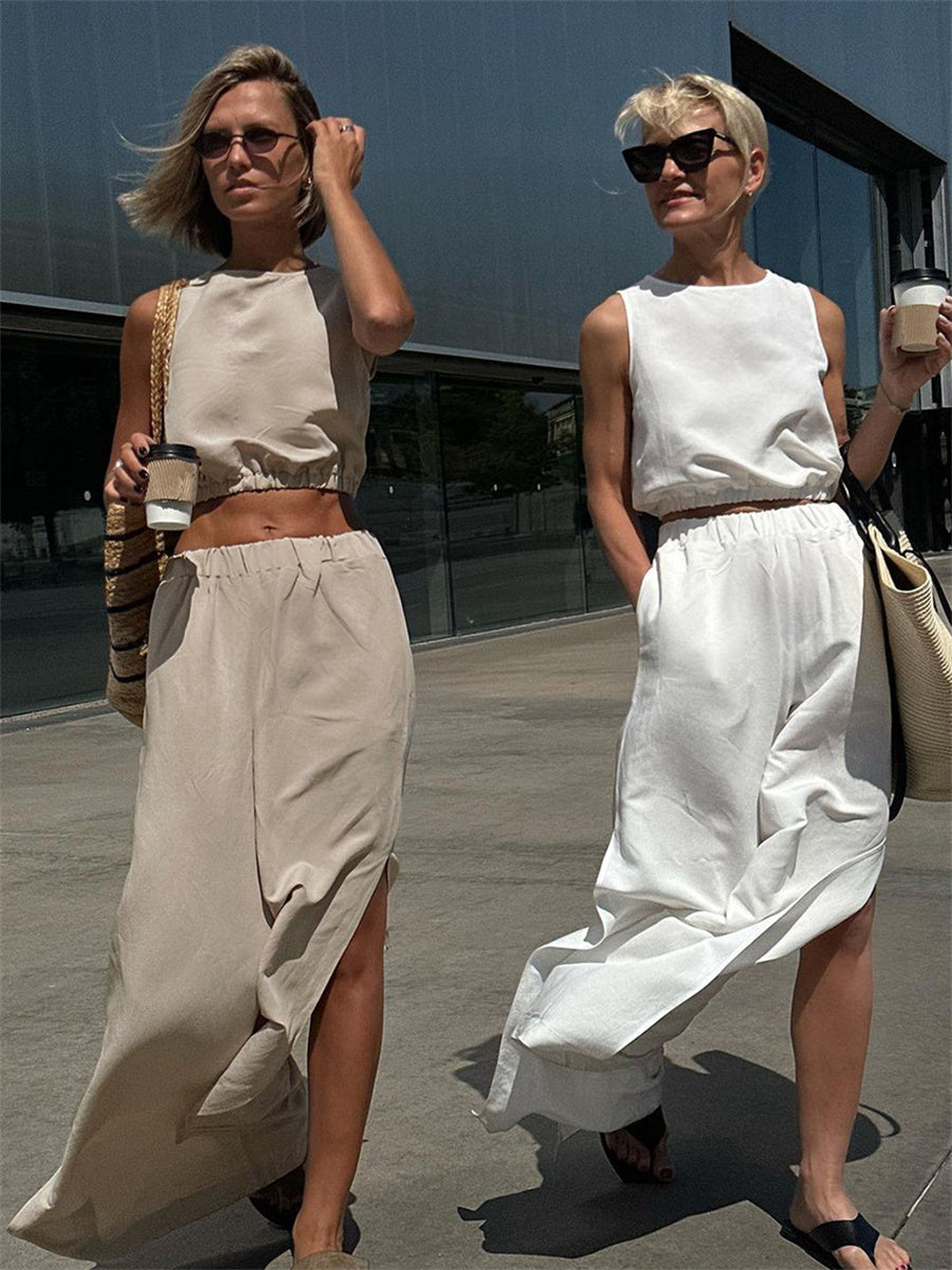 Liber summer women's daily casual solid color round neck loose 2-piece Sets