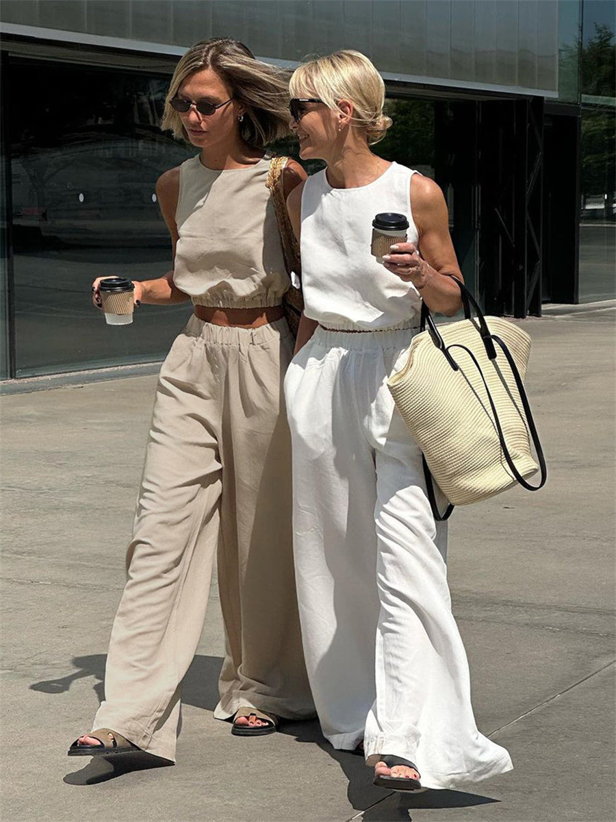 Liber summer women's daily casual solid color round neck loose 2-piece Sets