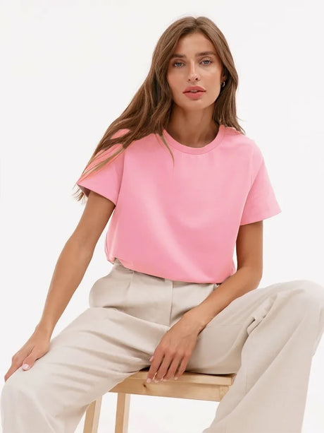 Liber summer women's daily casual solid color round neck short sleeve loose T-shirt