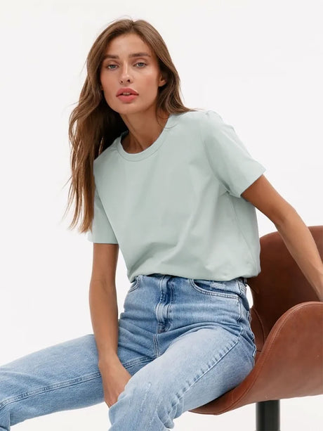 Liber summer women's daily casual solid color round neck short sleeve loose T-shirt