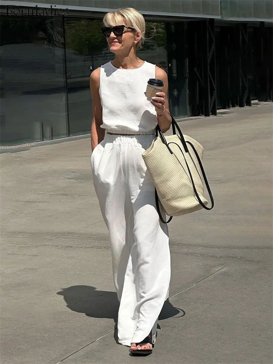 Liber summer women's daily casual solid color round neck loose 2-piece Sets