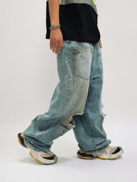 Liber reverse design dirty painted vintage washed ripped jeans