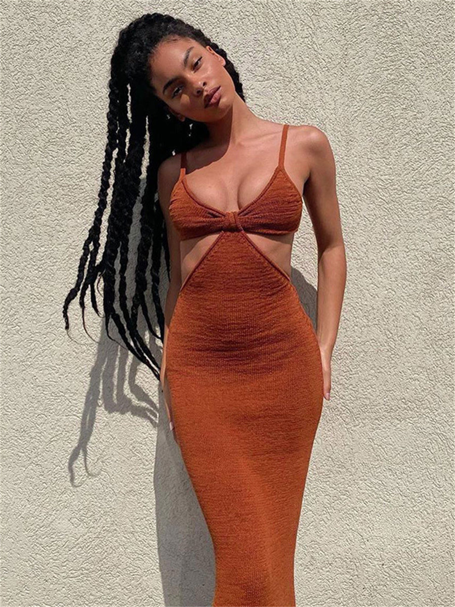 Liber Summer Women's Beach Solid Color V Neck Sleeveless Maxi Dresses