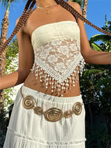 Liber summer women's bohemian tassel woven flower one-shoulder sleeveless slim-fitting camisole
