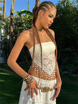 Liber summer women's bohemian tassel woven flower one-shoulder sleeveless slim-fitting camisole