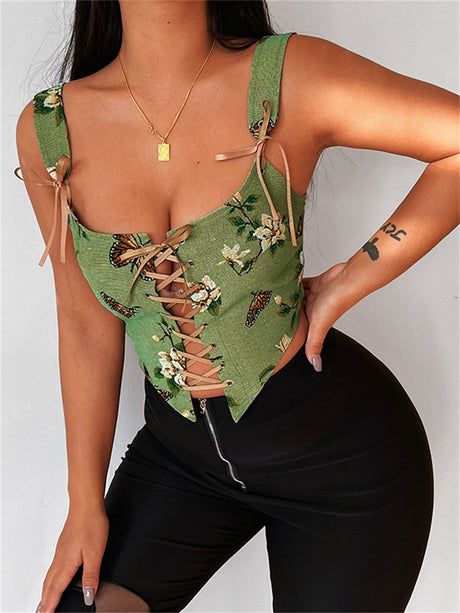 Liber Summer Women's Pastoral Lace-up, Printed Square Neck Sleeveless Slim Fit Camisole