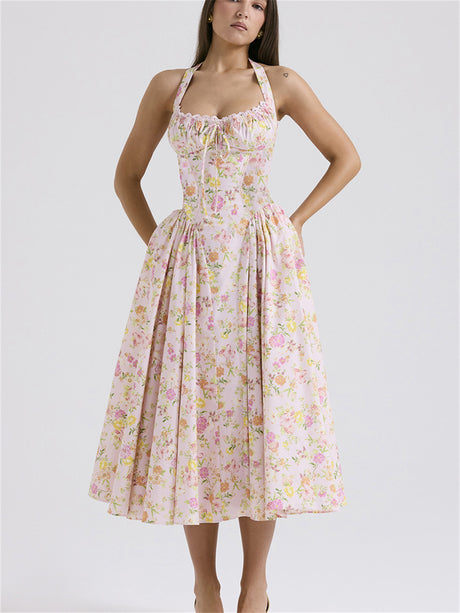 Liber Summer Women's Pastoral Floral Halter Maxi Dress