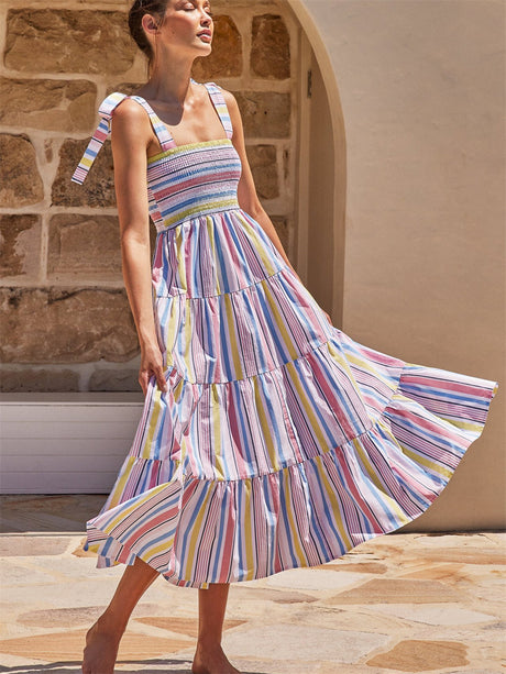 Liber Summer Women's Pastoral Print Square Neck Sleeveless Maxi Dresses
