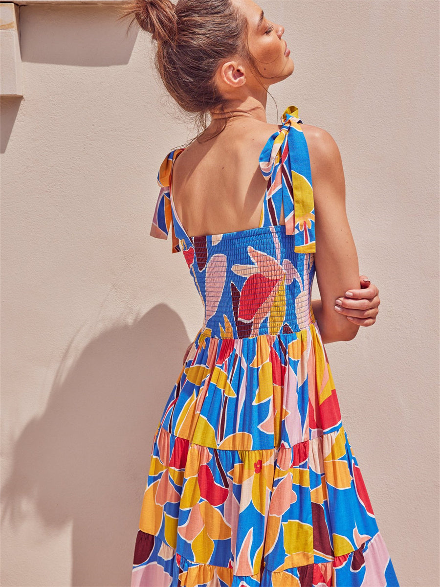 Liber Summer Women's Pastoral Print Square Neck Sleeveless Maxi Dresses