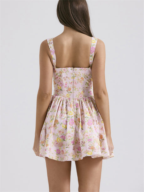 Liber Summer Women's Floral Square Neck Short Pleated Dresses