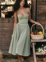 Liber Summer Women's Pastoral 5 Solid Color Strap Maxi Dresses