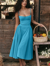 Liber Summer Women's Pastoral 5 Solid Color Strap Maxi Dresses