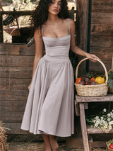 Liber Summer Women's Pastoral 5 Solid Color Strap Maxi Dresses